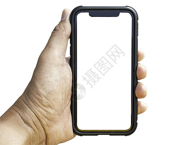 隔离一个旧智能手机 保护套放在一个大约 50 岁的男人的右手上 背景是白色 有一条剪裁路径背景图片