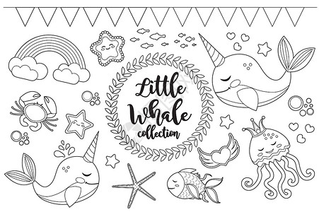 小插图集合小鲸鱼独角兽为孩子们设置了着色书页 设计元素草图轮廓样式的集合 孩子们婴儿剪贴画有趣的微笑套件 插图背景