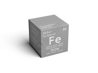 渲染元素Mendeleev的化学元素 铁 纤维 过渡金属 门捷列夫的化学元素符号3d质量科学正方形立方体盒子渲染电子化学品背景