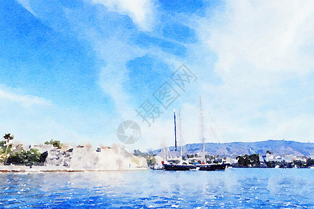 家可归水彩画印刷 夏季海上游艇帆布水彩天空海报克力艺术装饰艺术家打印风格背景