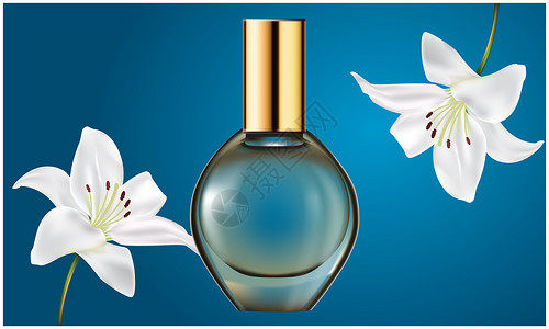 化妆品香水海报在抽象背景上从花提取物中模拟女性香水的插图玻璃花瓣瓶子海报烧瓶植物群横幅香味包装液体背景