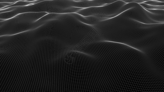 线框错觉计算机生成了一个线框波 发光精细网格的 3D 渲染 未来派背景魔法网络矩阵粒子海浪电脑辉光运动火花灯光背景