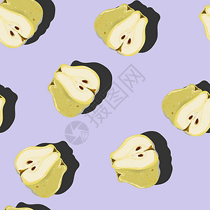 多汁的梨整体和切割顶视图流行艺术与淡紫色背景上的阴影无缝图案作品剪贴簿食物墙纸插图叶子打印饮食水果种子背景图片