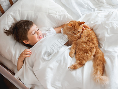 小男孩和猫戴德勒和可爱的姜猫睡在床上 小男孩穿白衣服过敏孩子朋友猫咪宠物瞌睡拥抱喜悦苗圃毯子背景