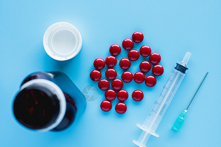 药物注射药物药丸和注射针管 用于保健和医疗怀孕治疗治愈瓶子药片止痛药营养科学剂量制药背景