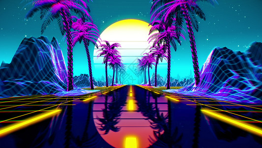 骚波朋克80 年代复古未来科幻背景  VJ 视频游戏风景与霓虹灯音乐派对海报图形电脑动态逆波紫色循环动画背景