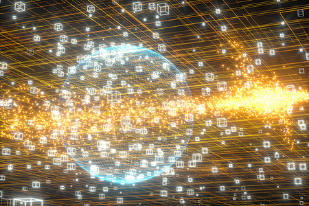 数据线和地球模型 发光线和立方体 3d 渲染圆圈经济全球星星网络数据技术全世界蓝色网格化背景