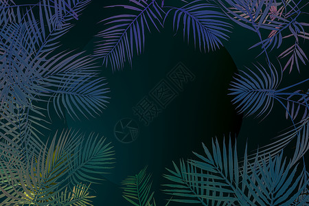 丛林元素深色背景的植物和霓虹灯 3d 渲染热带树叶插图派对荧光叶子艺术异国情调创造力背景