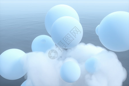 立体漂浮球插图球和云漂浮在湖面上 宁静的场景 3d 渲染天堂插图地平线技术气泡圆圈反射几何学材料环境背景