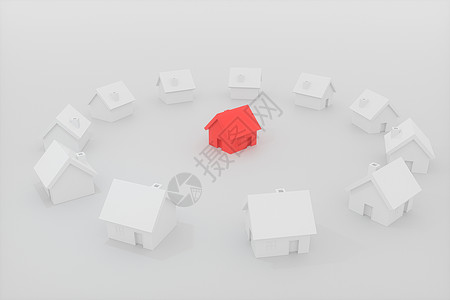 3D房子模型一个被白色房子包围的小红房子模型 3d 渲染建筑学住宅建筑住房玩具家园商业中心别墅村庄背景