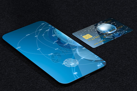 银行卡和具有指纹识别特征的移动电话 3D真伪信用卡银行业网络蓝色渲染卡片安全奢华技术订金背景