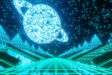 骚波朋克同步循环的合成波 Sci Fi 景观拱廊日落网格蓝色动画片海浪星系电脑派对地平线背景