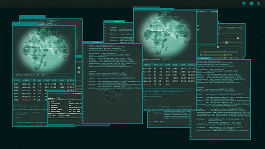 电脑软件界面虚拟界面或 HUD 显示多个窗口 上面有黑客代码的多窗口背景