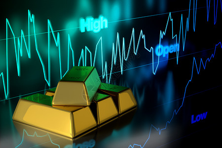 具有黄金价格图表背景 3D 竞标的金条背景图片