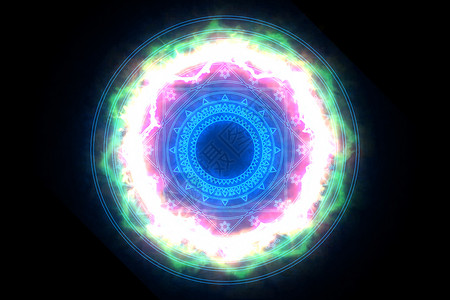 蓝色粒子动态背景强大的圆圈和神奇的蓝色三角形六星在 cor背景