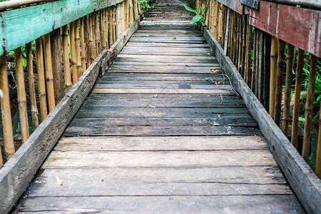 木头桥旧的木板悬吊桥 过去用来穿过溪流假期野餐旅游冒险天空国家踪迹太阳木头森林背景
