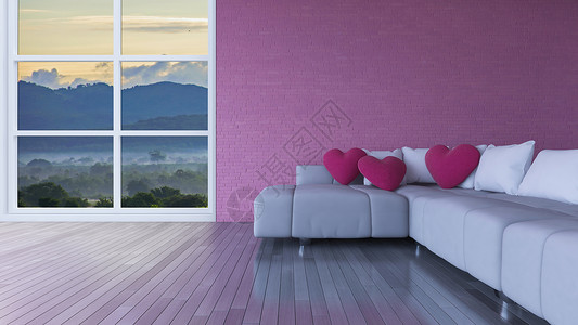 沙发上的粉色心形枕头放在木地板上 在混凝土和皮革墙上有相框背景图片