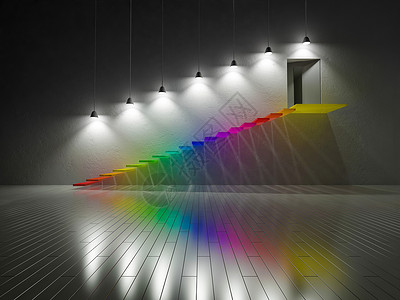 彩虹楼梯3d 由玻璃建造的彩色楼梯背景红色艺术彩虹房间蓝色绿色墙纸木材光谱背景