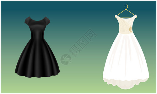 孤立在黑色在抽象背景上模拟白色和黑色婚纱的插图女孩边界艺术女性小样裙子野花魅力花园森林背景