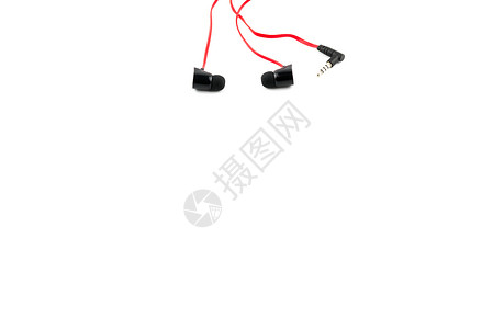 在白色背景上隔离的红耳机电子黑色电话娱乐玩家技术音乐立体声机动性电缆背景图片