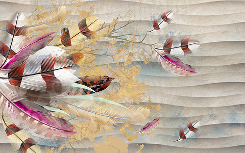 画鸟手绘羽毛现代3D简约背景wal3d插图毛皮刷子墙纸艺术壁纸动物水彩问候语背景