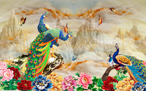 孔雀牡丹图3D花孔雀圆形背景墙纸叶子婚礼玫瑰动物樱花树叶天堂插图孔雀花束背景