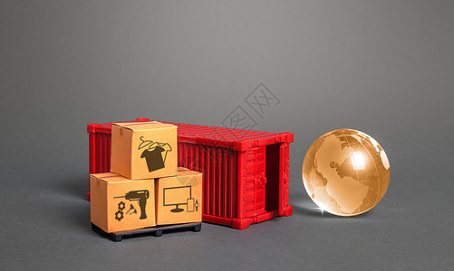 橙色地球 纸板箱和红色货船容器 国际世界贸易 送货 送货 导入导出流量 在封闭边界 检疫限制下交付货物背景图片