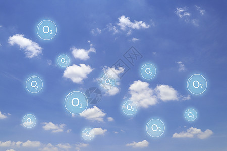 紫蓝色气体云彩云彩和蓝天 氧气符号四处漂浮 漂浮在空气中的氧气背景