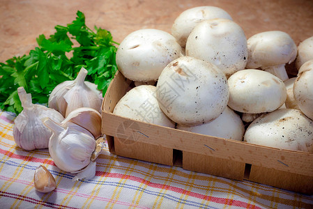 大蒜蘑菇用油 大蒜和煎饼煮熟的香皮尼翁美食桌子木头烹饪厨房食谱饮食蔬菜香菜草本植物背景