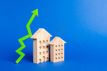 市场供需住宅楼的数字和向上的绿色箭头 房地产成本和流动性增加 有吸引力的投资 价格上涨或租金上涨 供需增长 高销售率信用房子抵押建筑费率背景