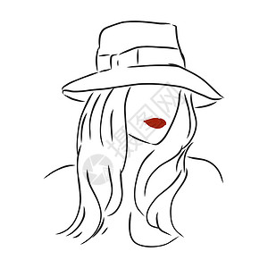 漂亮红色花插图戴着优雅帽子的美丽女人的剪影 向量 戴着帽子的漂亮女孩 矢量素描图女孩头发女士插图嘴唇女性墨水艺术草图卡通片背景