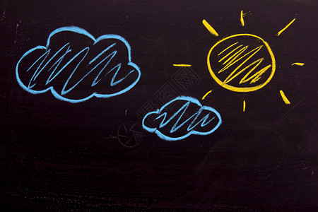 涂鸦太阳素材作为黄色太阳和蓝色云背景的粉笔画背景
