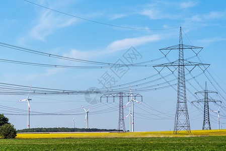供电线路和一些风力涡轮机农场环境发动机发电机引擎电缆传播能源技术活力背景图片
