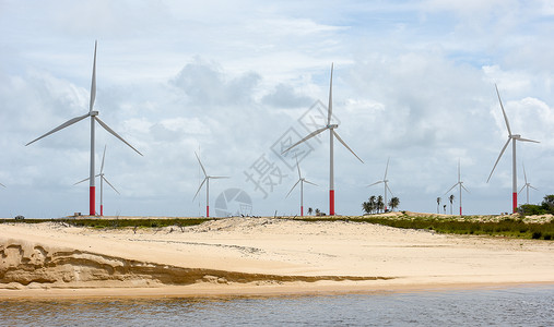 阿廷斯附近的 伦科瓦马兰汉斯沙丘上的风车 B绿色环保风力干旱力量涡轮机能量源海岸旅游海滩背景图片