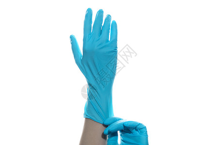 穿搭好物在白色隔离物上戴蓝色橡皮医疗手套的妇女手乳胶医生推杆预防女士生物手指危害防御诊所背景