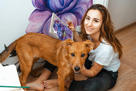 拿着画笔狗艺术家 设计师 宠物 年轻的女艺术家在室内的墙上作画 和狗一起工作和玩耍 宠物疗法 室内设计 创作过程女性刷子热情乐趣工艺调色板背景