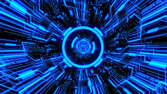 蓝色主题背景 Ver  中间有数字圆圈的 3D 数字电路系统隧道和波浪软件程序创新技术过渡环形辉光电路一体化框架背景