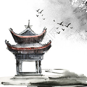 水彩画中国风景国画艺术品建筑飞行手绘罪恶插图艺术绘画宝塔背景图片