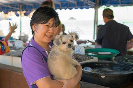 狗舔屏在市场上买海产食品的泰国妇女螃蟹章鱼食物女士收藏海滩宠物销售海鲜城市背景