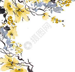 黄色水彩树花梅树枝树苗繁荣李子树叶花序插图罪恶手绘水彩刷子背景