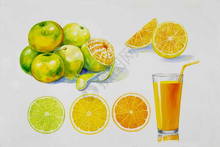 手绘柠檬果汁绘画夏季橙色甜点水彩早餐广告明信片假期三角形手绘菜单水果背景