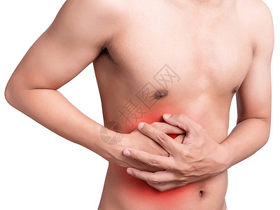 直肠病学患有胃痛或胃肠病学概念的人胃与保健和医学 疼痛呈红色 在白色背景上隔离背景