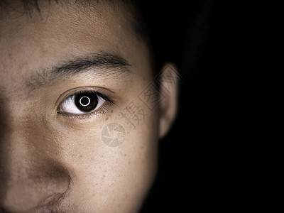 梦回少年文字近半个脸部的亚洲少年男孩看着相机 在黑色背景与文字空间隔离 有选择的重点 笑框架粉刺人士头发男生眼睛白色皮肤成人男人背景