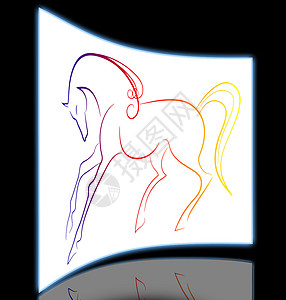 优雅的马匹线条草图插图绘画轮廓水墨画艺术彩虹背景图片