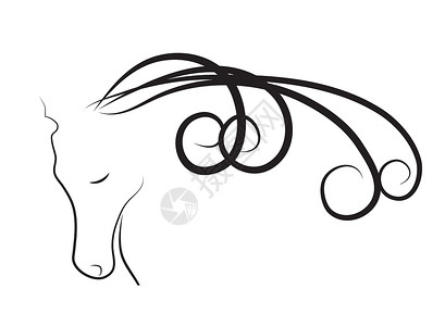 优雅的马匹动物画笔黑与白线条墨水艺术鬃毛宠物涂鸦轮廓背景图片