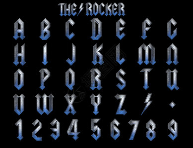 哥特字体岩石重金属字母  3D 说明蓝色首都数字海报鞭打音乐标识乐队字体戒指背景