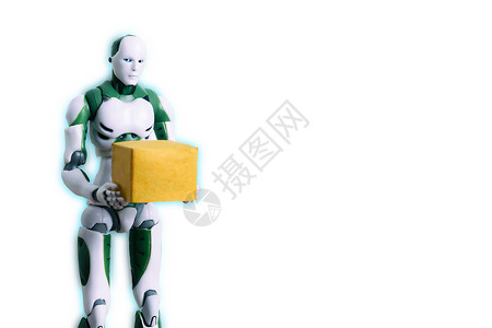 绿色安卓机器人智能机器人技术在仓库白色背景中代替人类拿着盒子工作背景