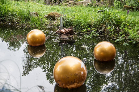 金球池塘生境水池毛茛支撑湿地反思绿色雕塑背景图片