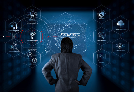 工业 4 0 的未来主义和商业虚拟图与数据和自动化 使用新的现代计算机的商务人士背景图片