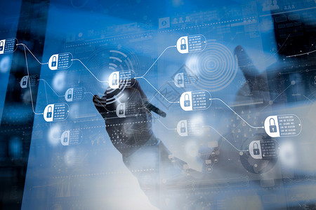 加密技术利用现代技术和数字平面技术的商务人士手和世界手指电脑横幅数据算法互联网屏幕安全按钮背景